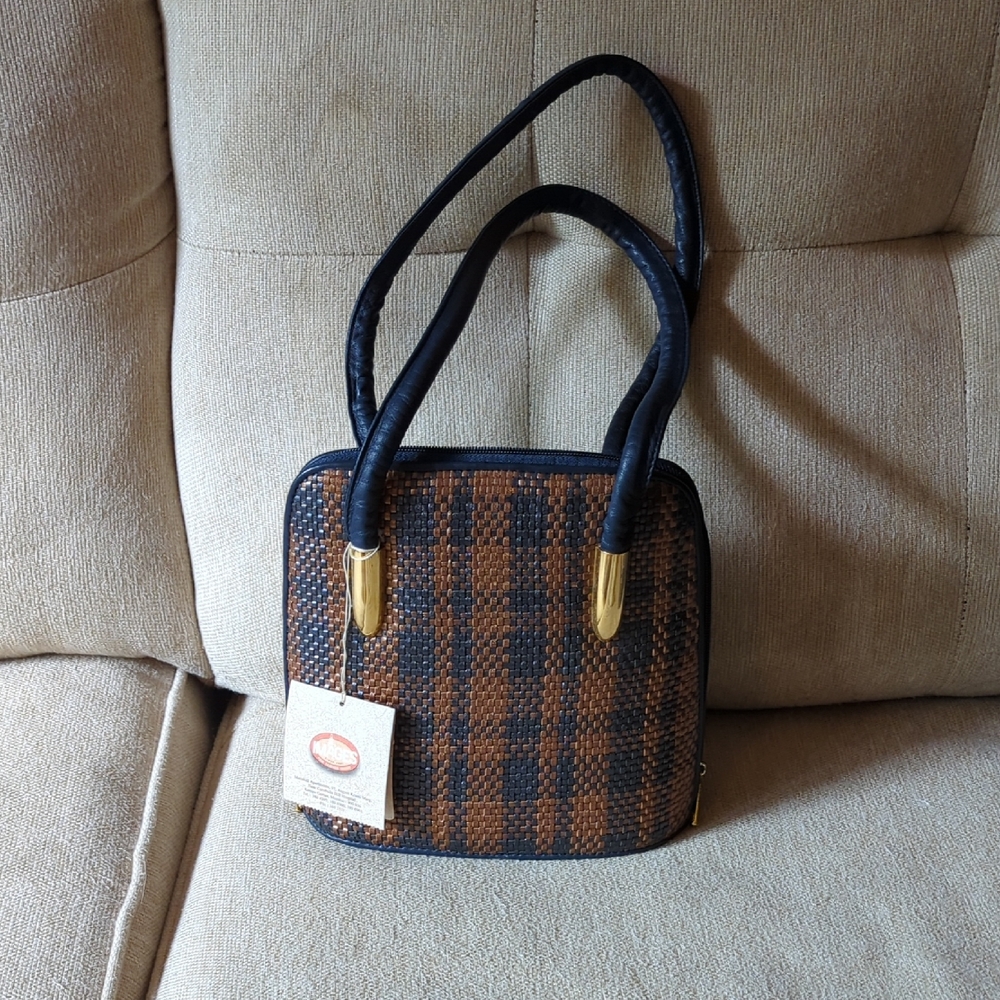 NWT Images Brand Woven And Leather Elegant Black and Brown Checkered Handbag